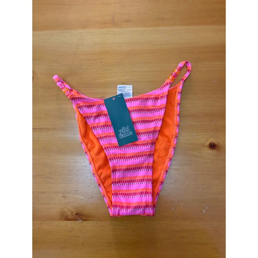 Wild Fable Pink Orange Striped High Leg Cheeky Bikini Bottom Bead Detail Small